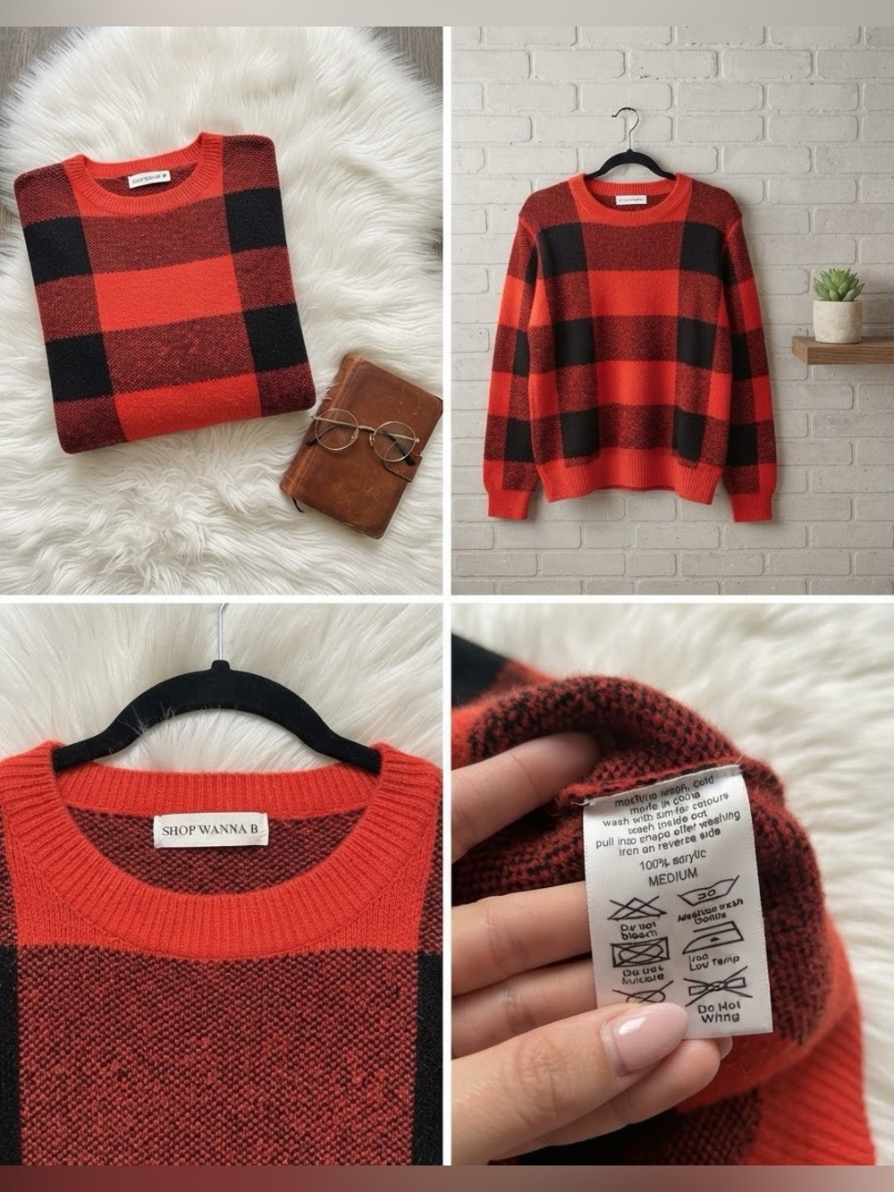 Shop Wanna B boutique Red & Black Checker plaid Sweater very soft oversized fit